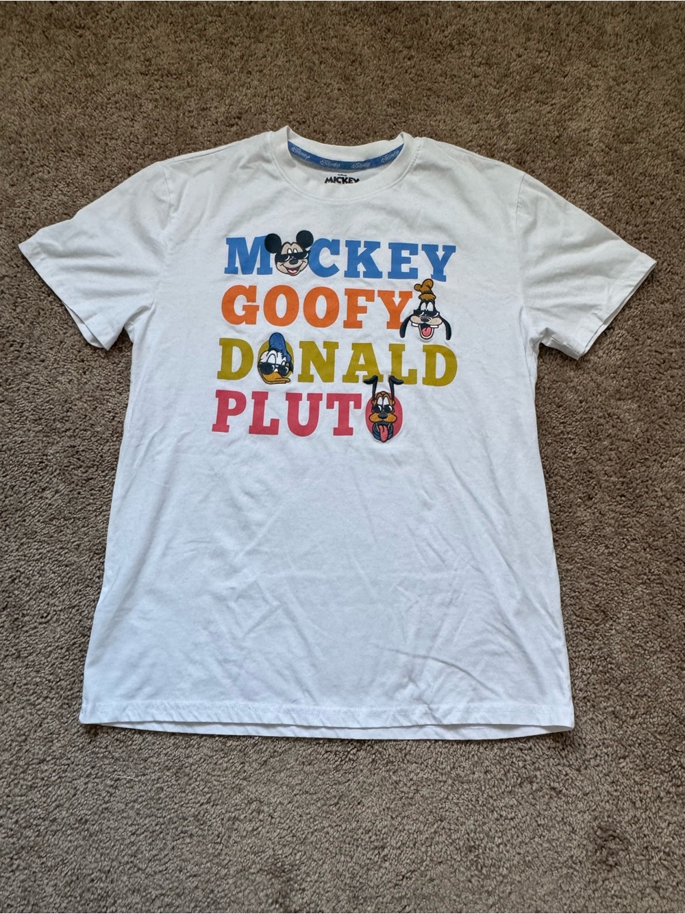 Disney White Short Sleeve Tee with Colorful Mickey, Goofy, Donald & Pluto Names